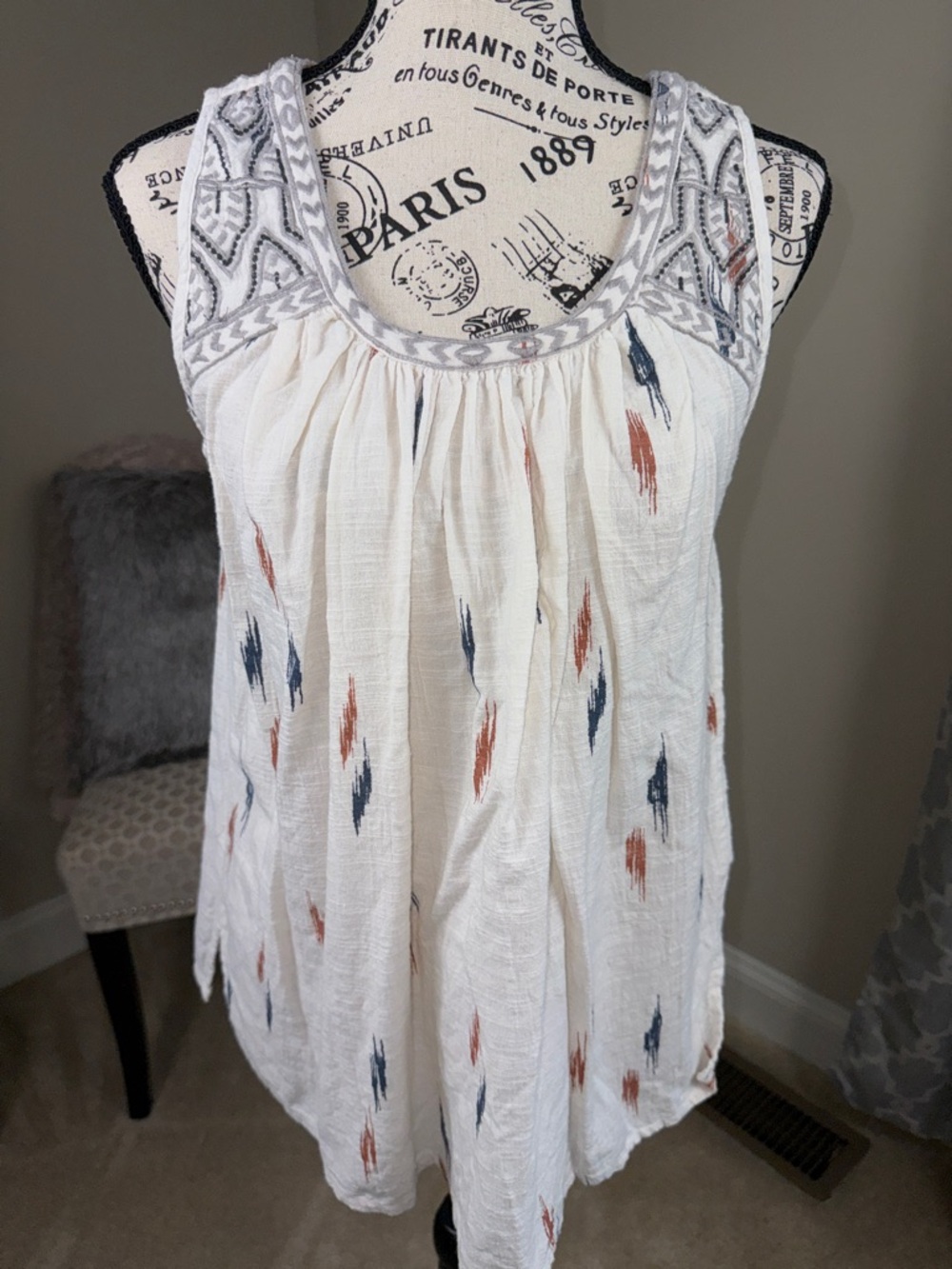 Lucky Brand Boho Embroidered Ivory Sleeveless Peasant Top